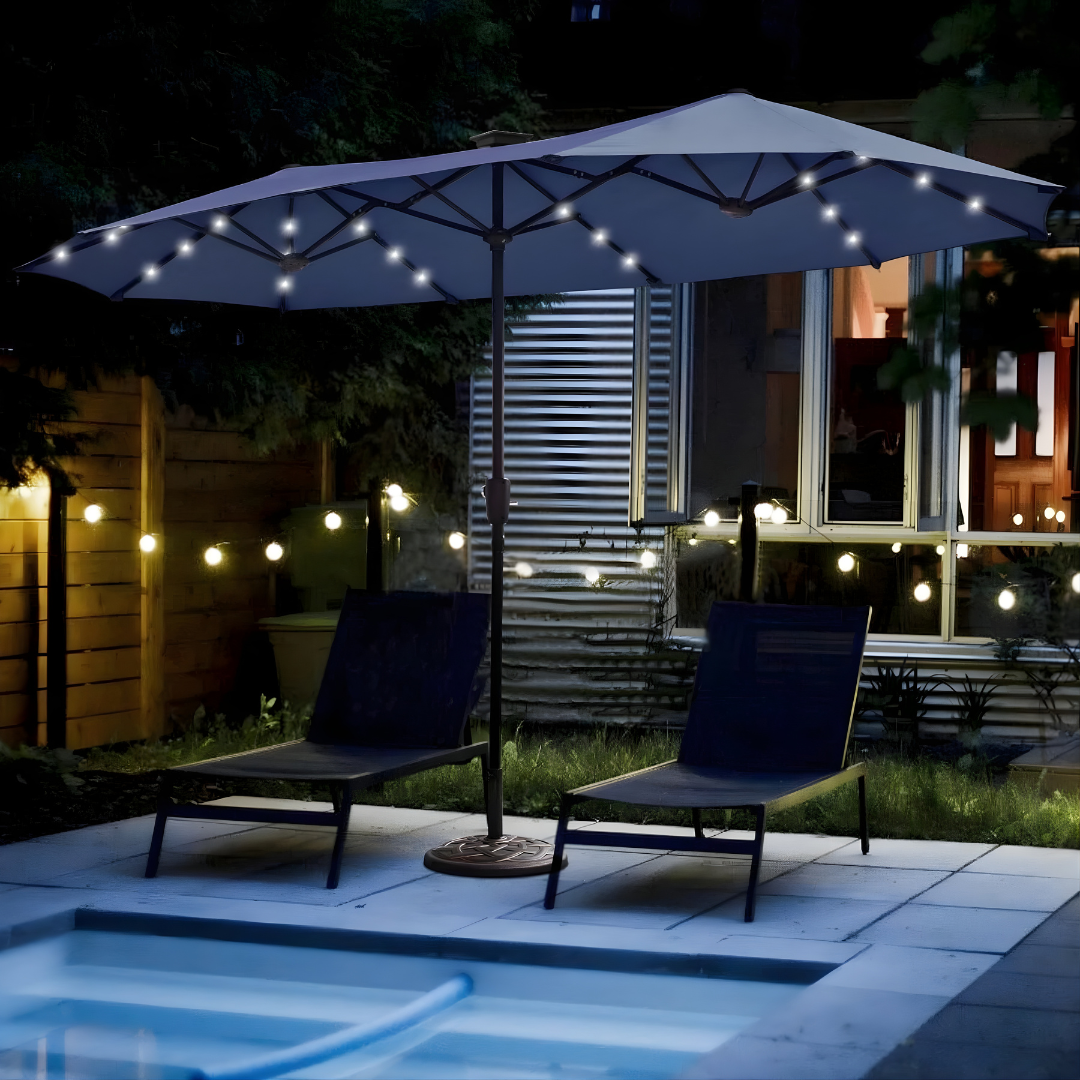 Solar Powered Patio Umbrella 13 ft with LED Lights – Large Umbrella for Backyard Solar Powered Patio Umbrella 13 ft with LED Lights – Large Umbrella for Backyard