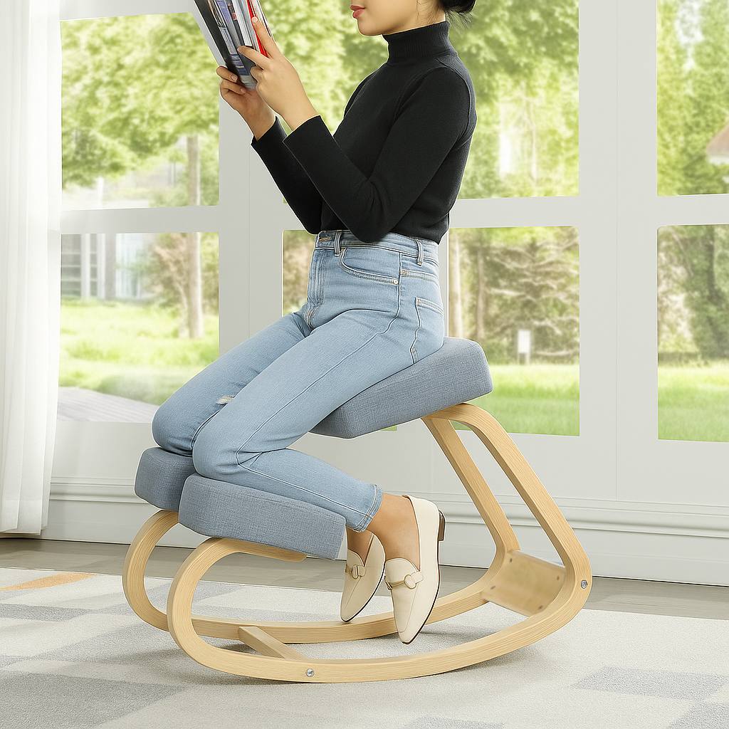 Person sitting on a wooden rocking chair reading a book in a bright room with large windows.