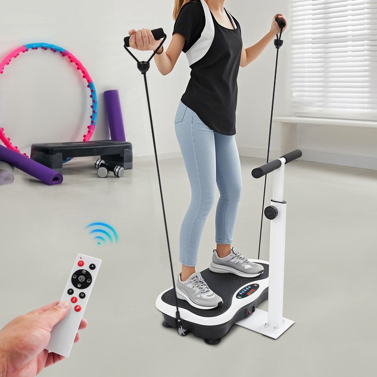 Woman exercising with resistance bands on the vibration plate with handrail