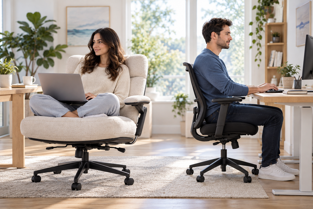 Bright home office comparing a wide-seat cross-legged chair with a standard ergonomic task chair