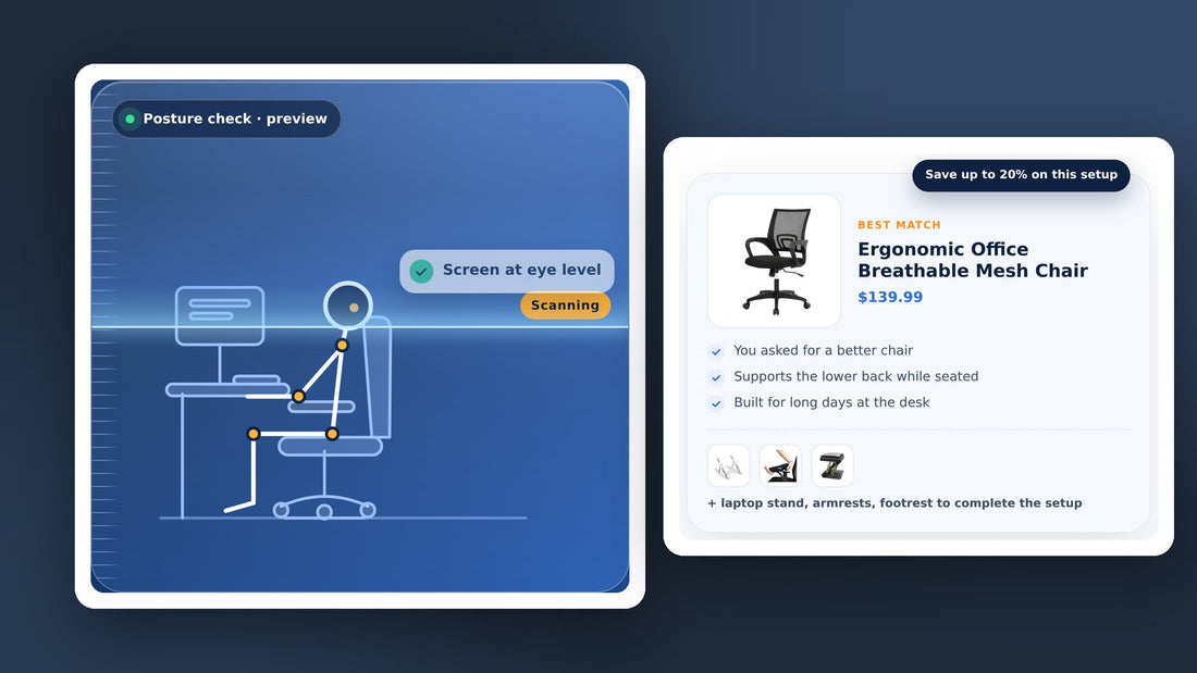 Find My Setup: the posture check and a best-match result card from ErgonomicLux's free ergonomic assessment