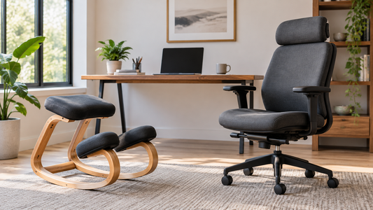 Kneeling chair and ergonomic office chair beside a modern home office desk