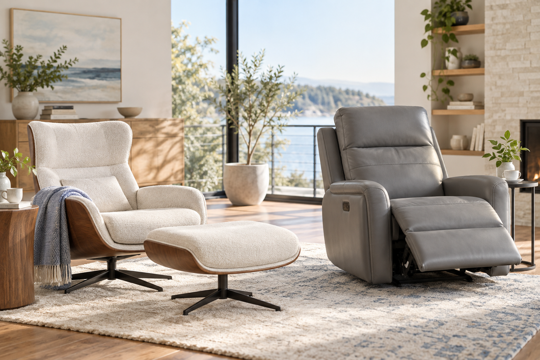 Modern living room with a lounge chair and separate ottoman beside a recliner