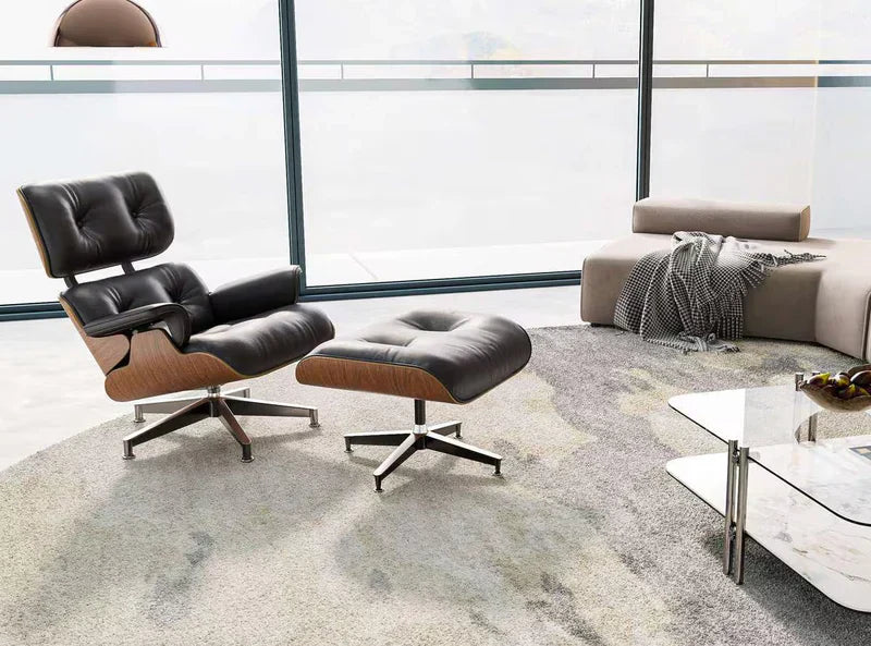 Classic Eames lounge chair replica with ottoman in genuine leather