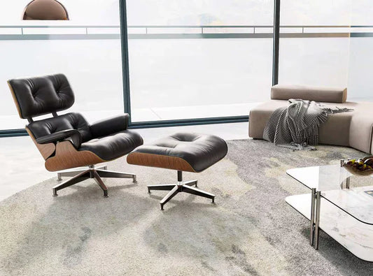 Classic Eames lounge chair replica with ottoman in genuine leather