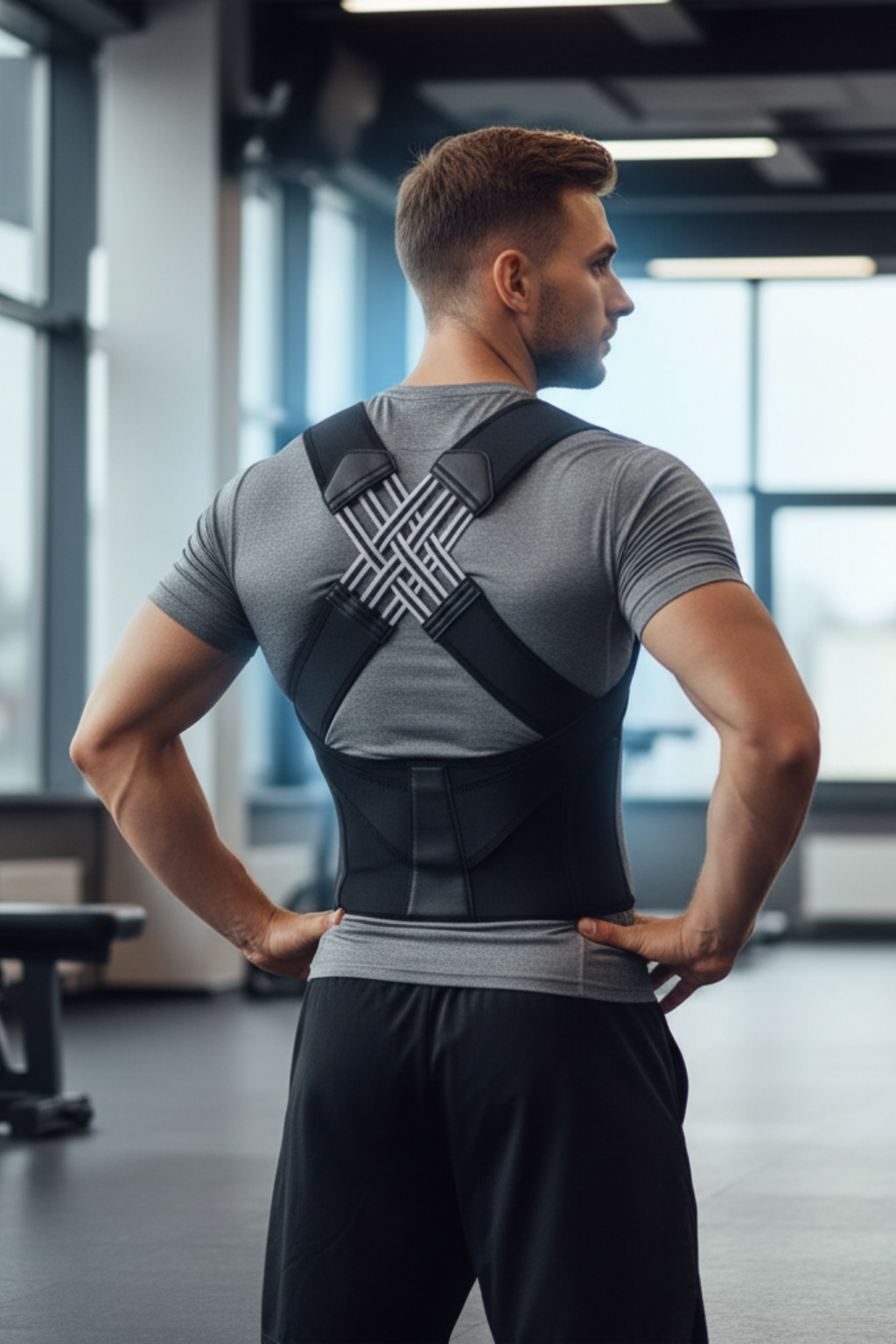 Back Brace for Better Posture worn from the front, showing the cross-strap design
