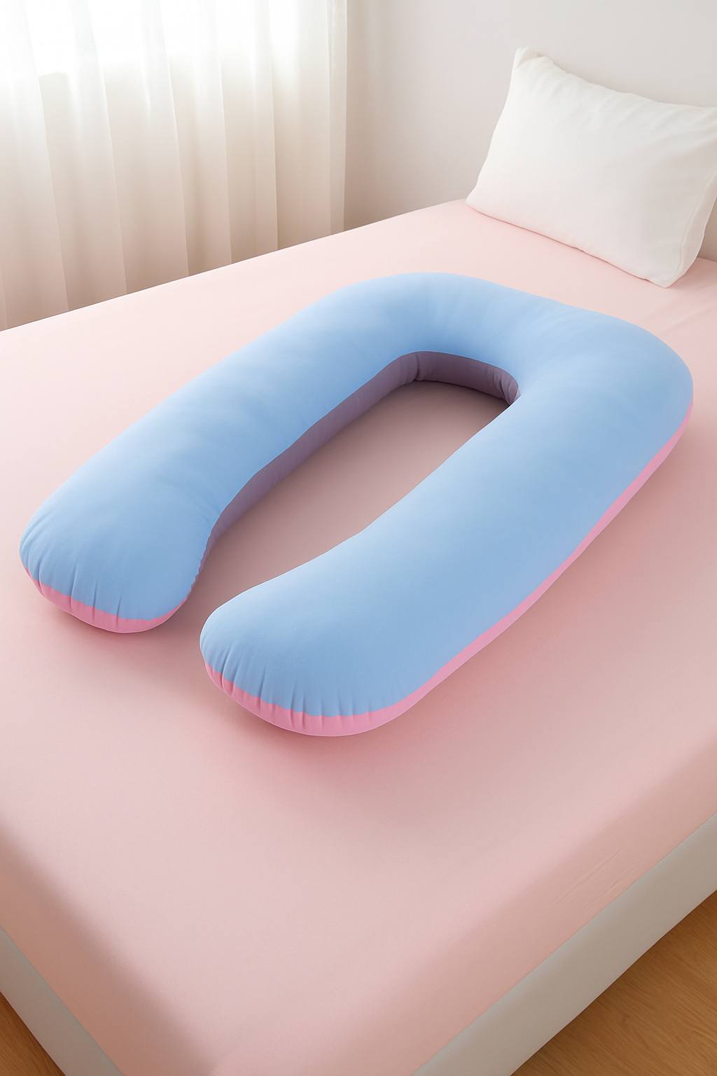 Blue U-shaped pillow on a bed with a white pillow in the background