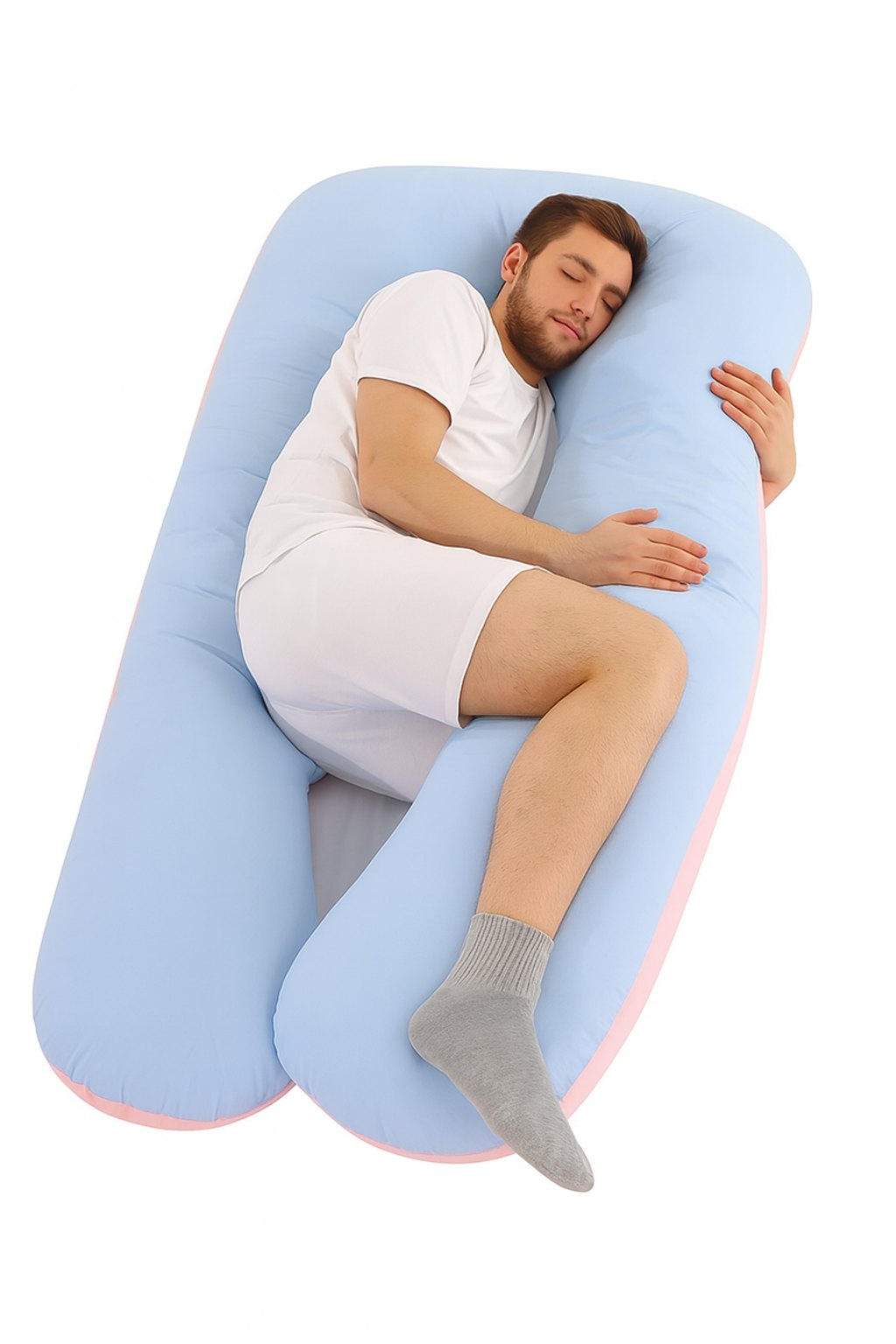 Person using a U-shaped body pillow on a white background