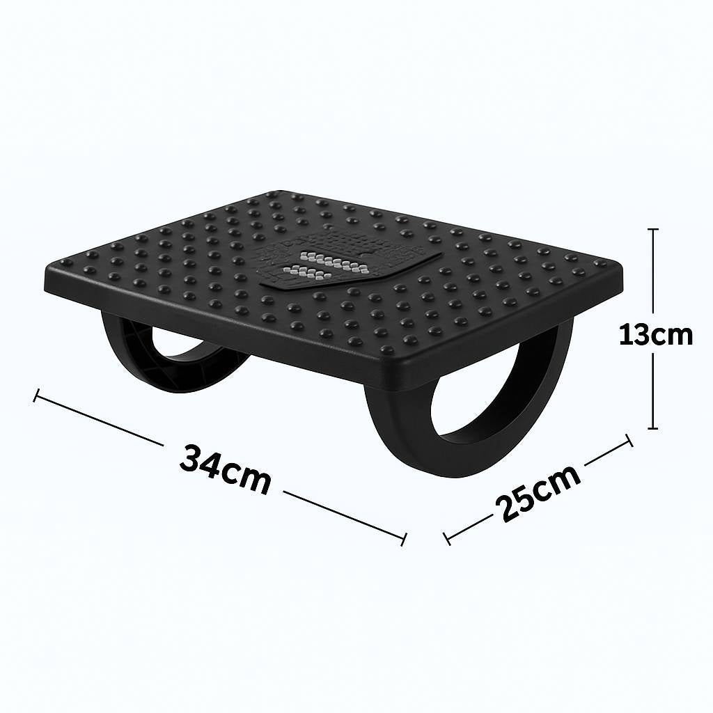 Black footrest with dimensions labeled on a white background
