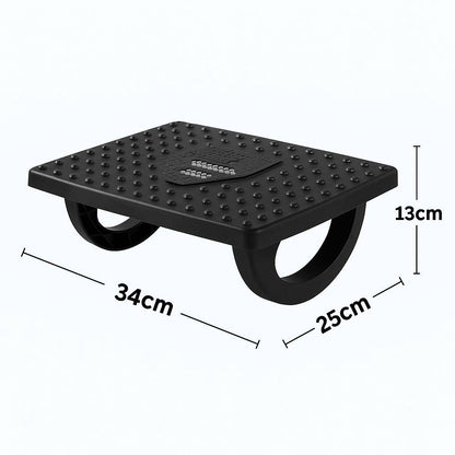 Black footrest with dimensions labeled on a white background