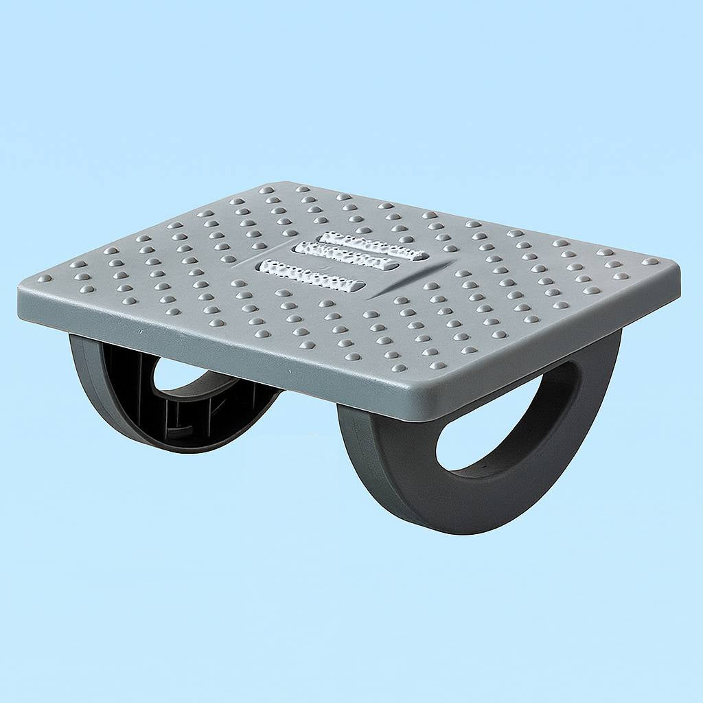 Gray plastic platform with wheels on a light blue background