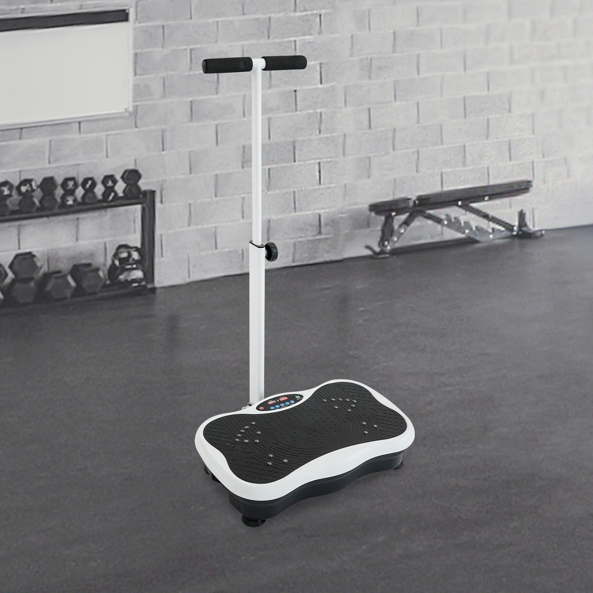 ErgonomicLux Full-Body Vibration Plate with Adjustable Handrail in a home gym