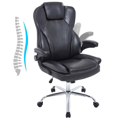 Black leather big and tall executive office chair with flip-up armrests, front view