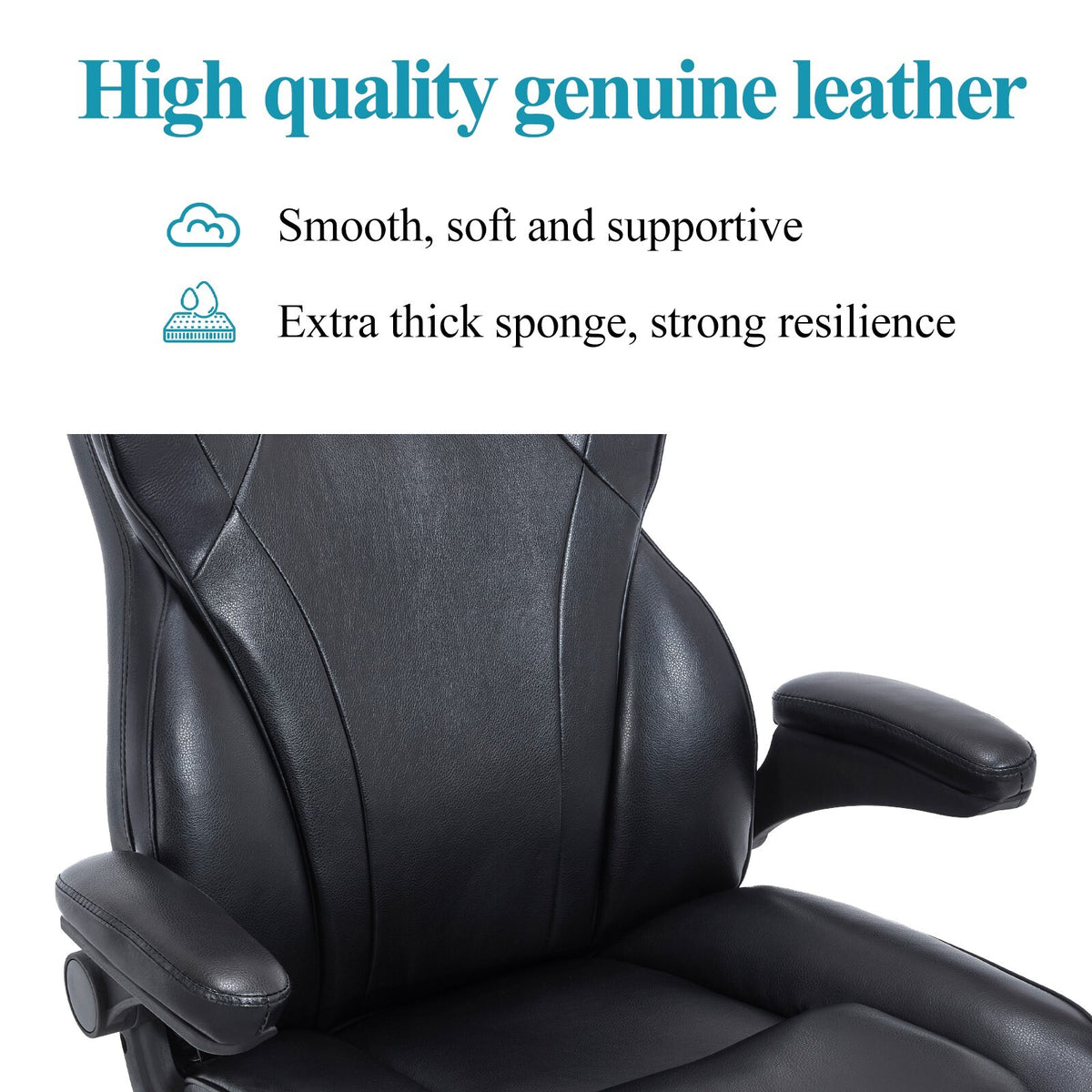 Close-up of the black leather upholstery and stitching