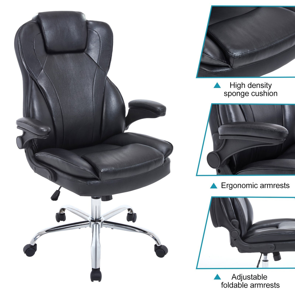 Executive chair callouts: thick sponge cushion, ergonomic armrests, adjustable flip-up armrests