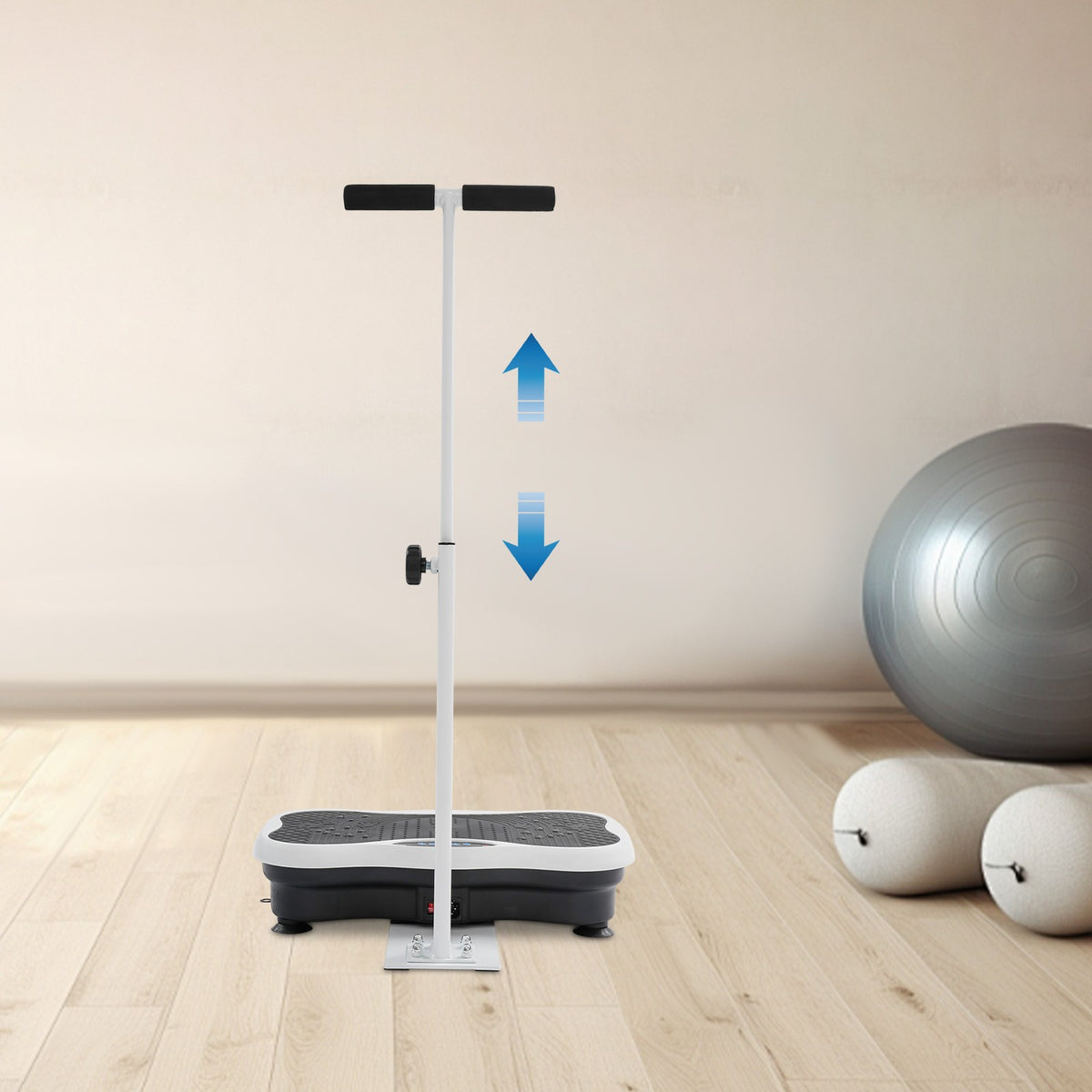 Vibration plate handrail adjusts from 28.3 to 39.3 inches
