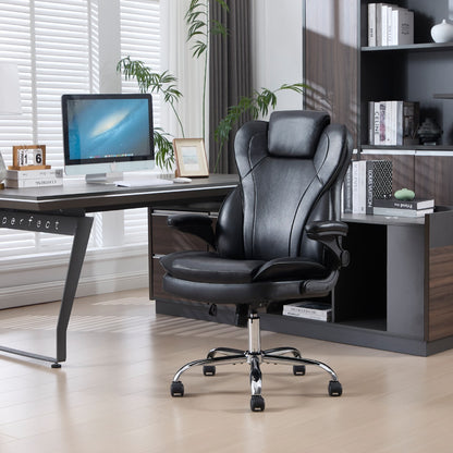 Black leather executive chair at a home office desk