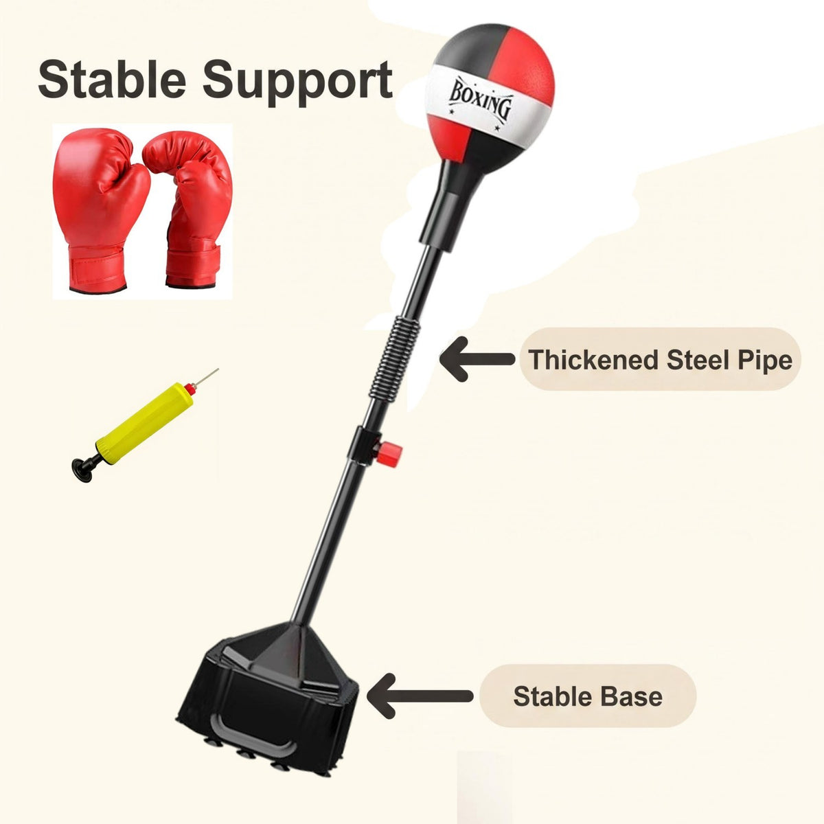 Reflex bag with steel stem, stable base, gloves and pump