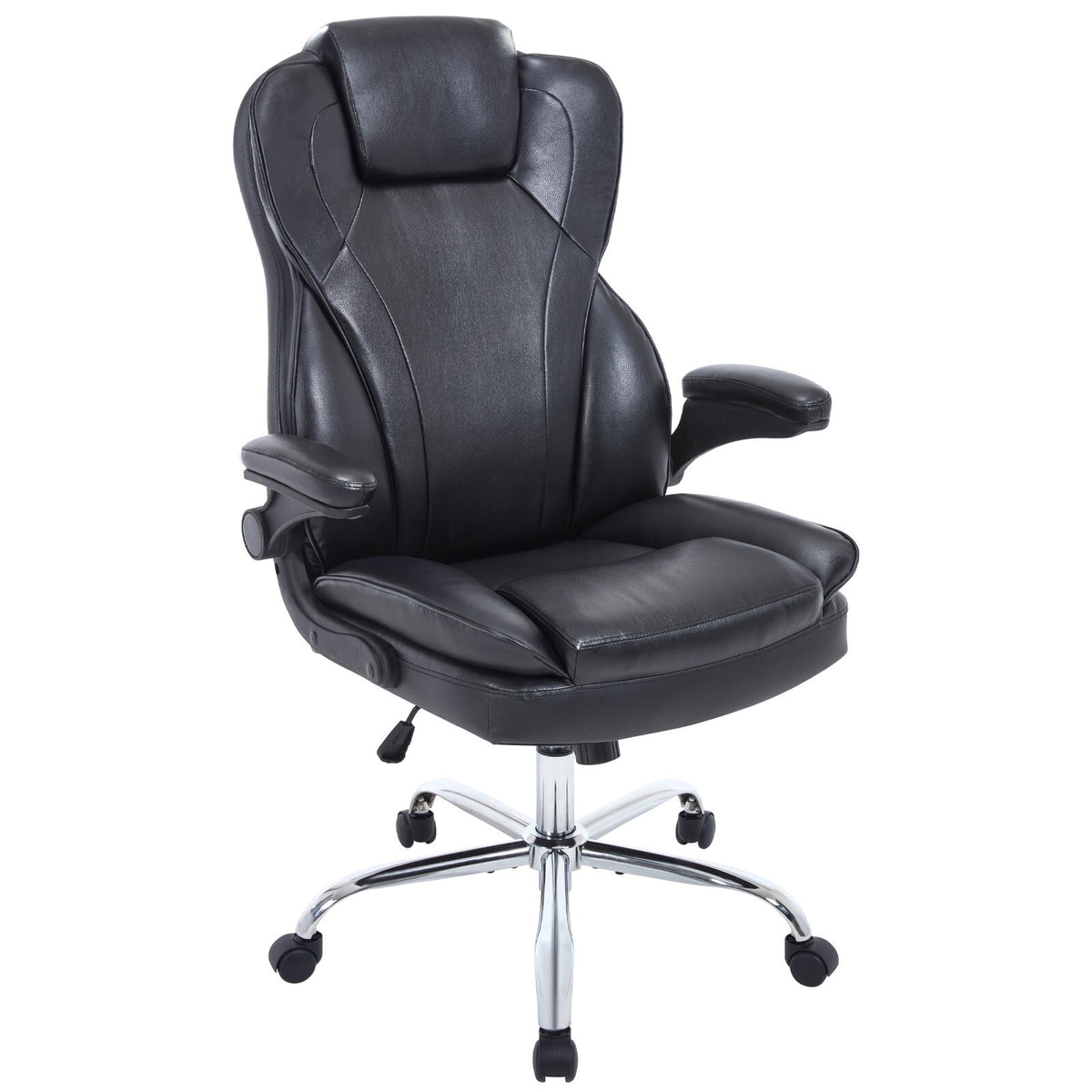 Black leather executive office chair with headrest, three-quarter view