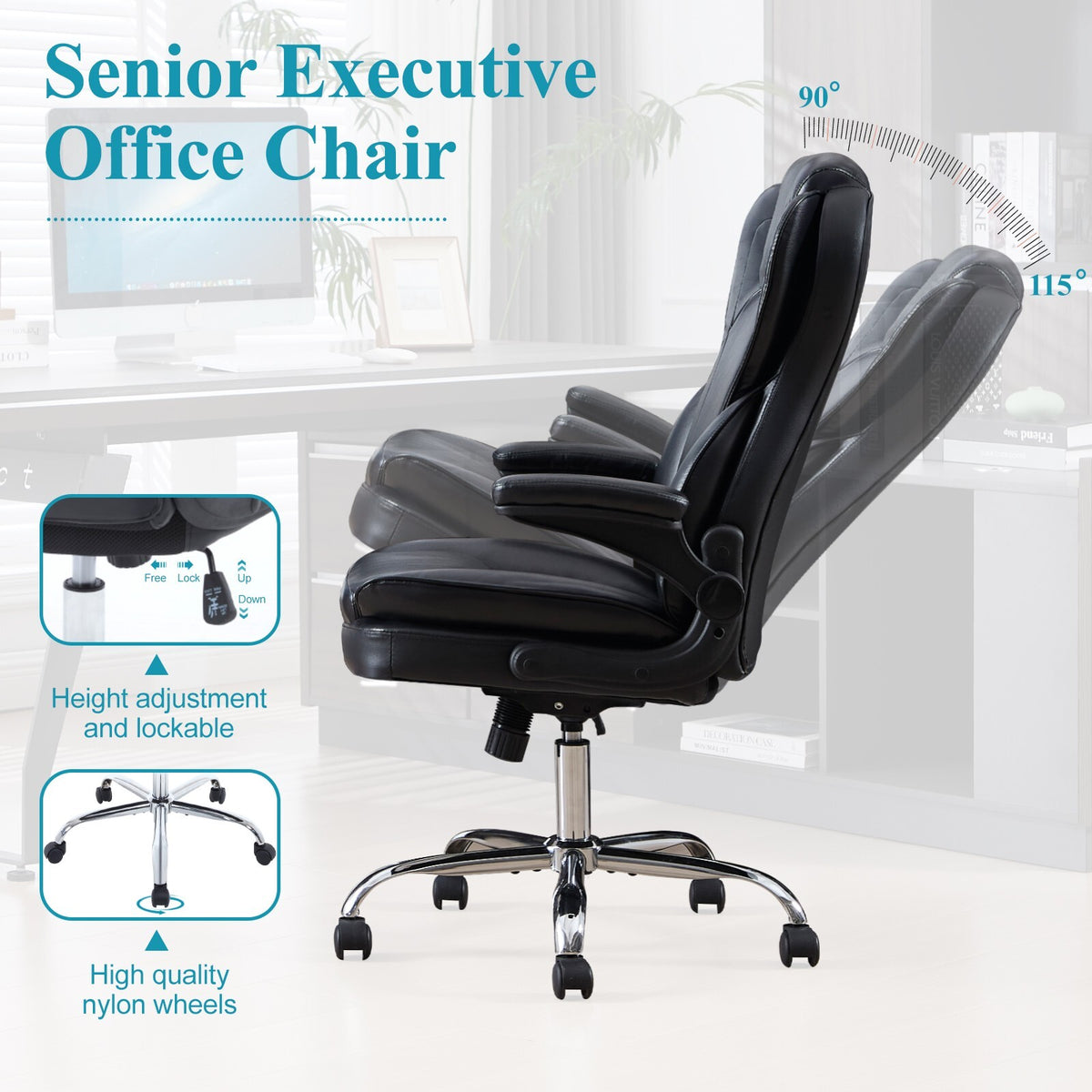 Executive chair reclining to 115 degrees with lockable height adjustment and nylon casters