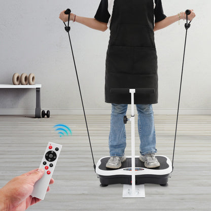 Using the resistance bands and remote on the vibration plate with handrail