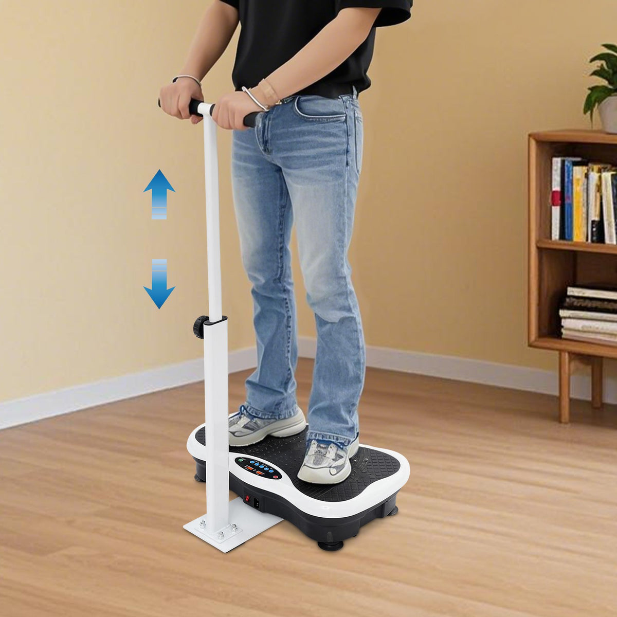 Person standing on the vibration plate holding the height-adjustable handrail