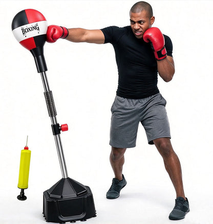 Man punching the freestanding reflex bag, with the inflation pump beside the stand