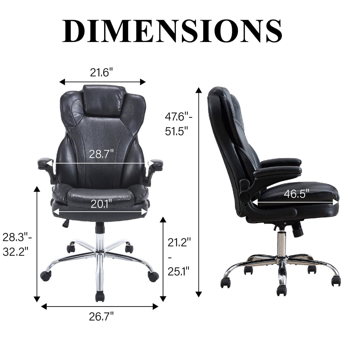 Executive chair dimensions: 47.6 to 51.5 inches tall, 28.7 inches wide, seat height 21.2 to 25.1 inches