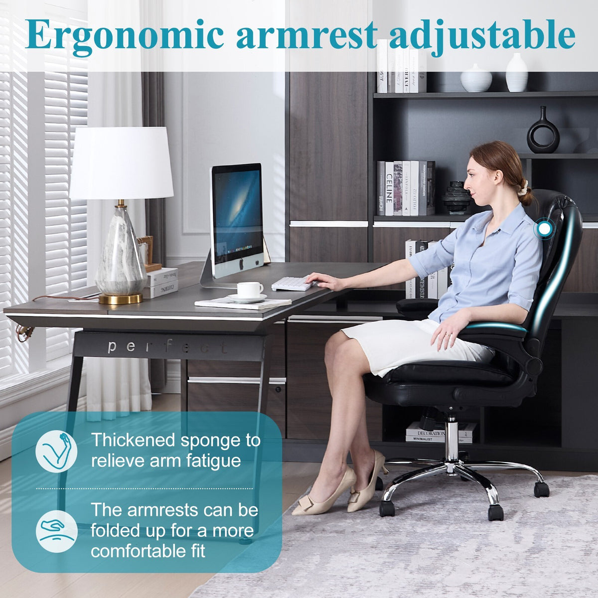 Woman working at a desk in the executive chair with armrest callouts
