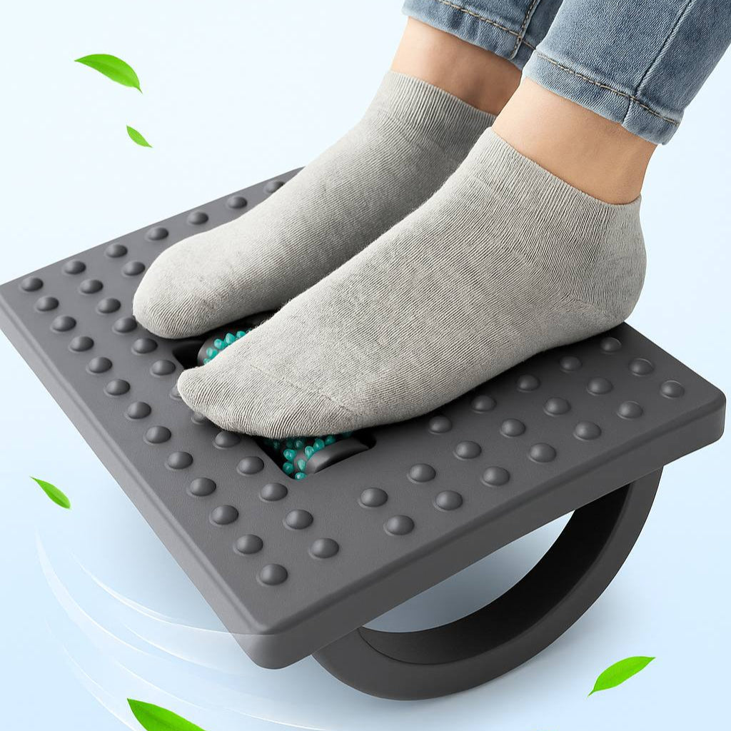 Person using a foot exercise device with a light blue background